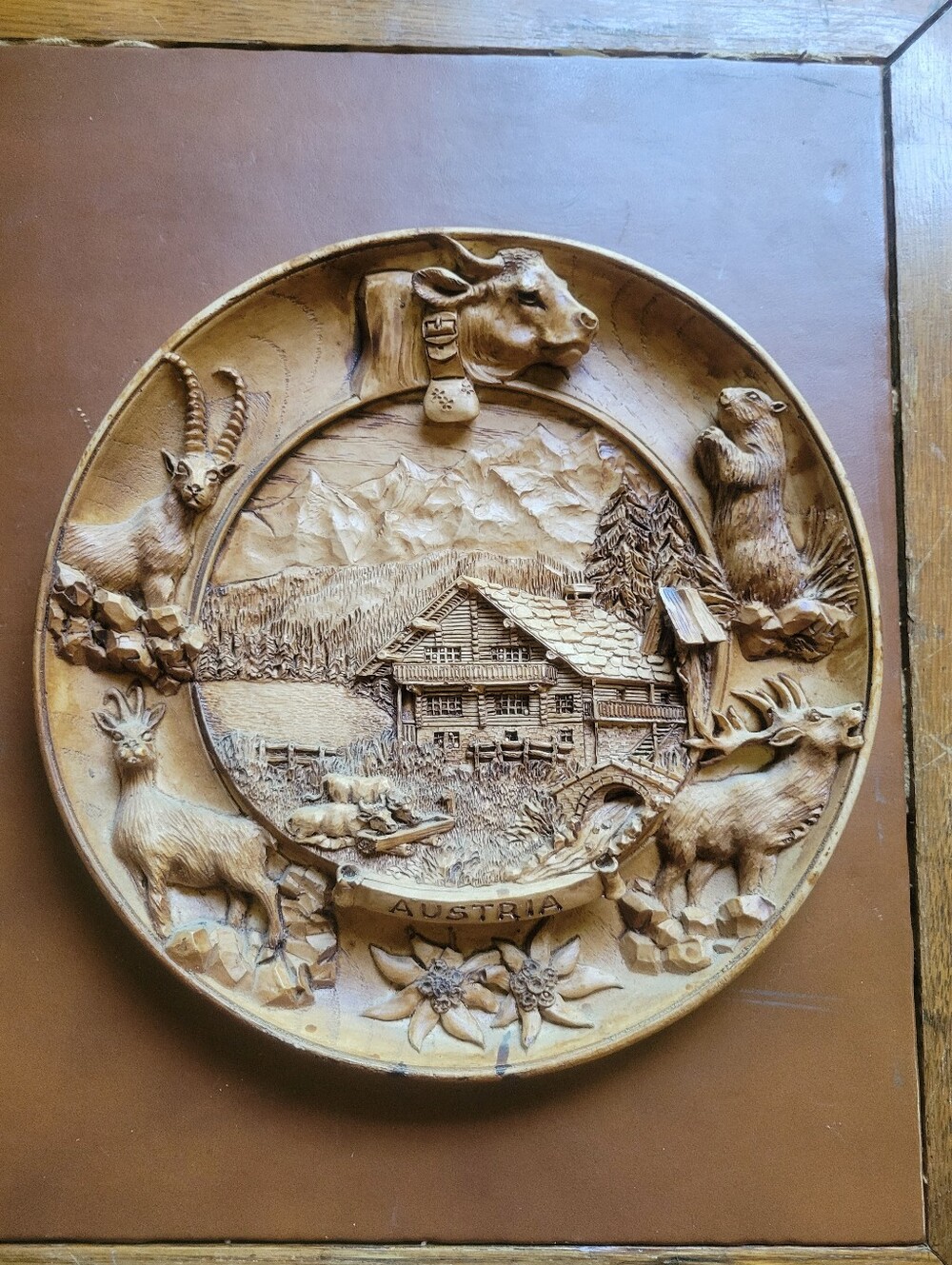 Vintage G Muraro Austria Souvenir 3D Wall Plate Plaque Faux Bois Carved Resin